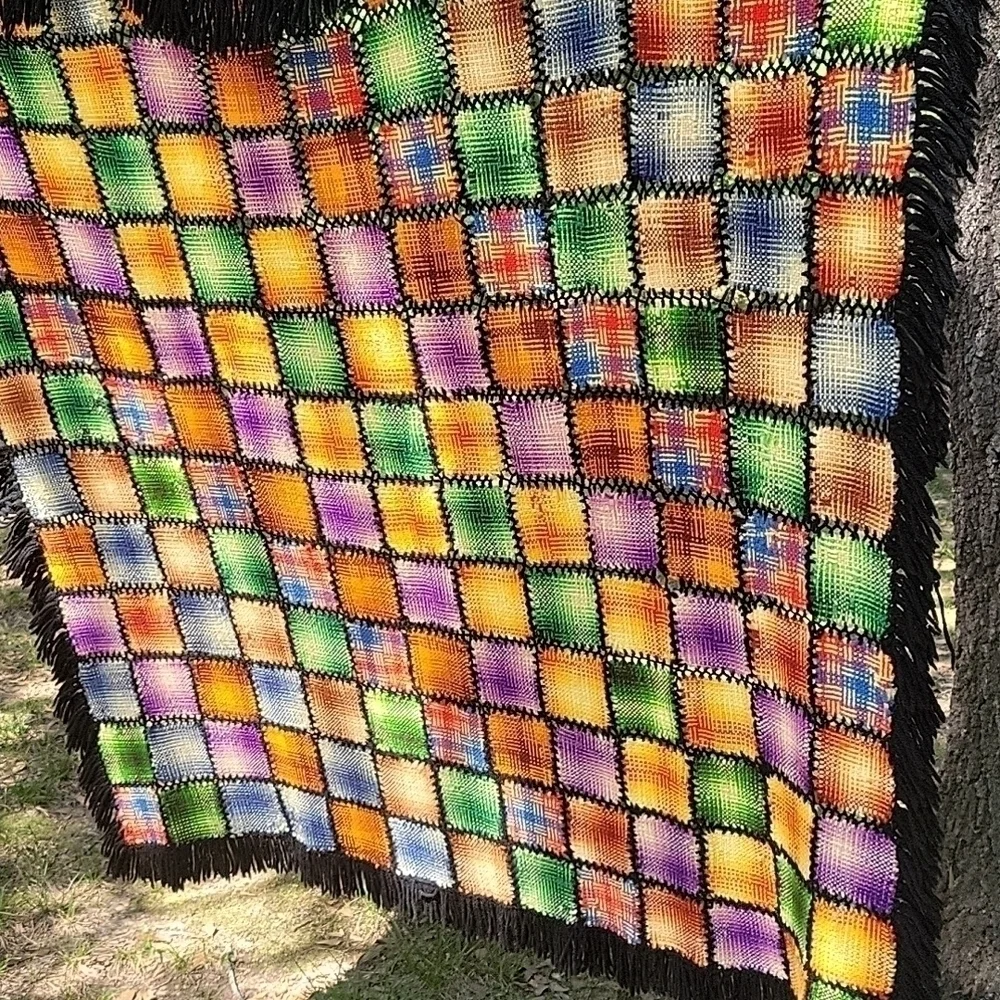 HANDMADE 1970s Rainbow Woven Knit Granny Square Patchwork Wall Throw